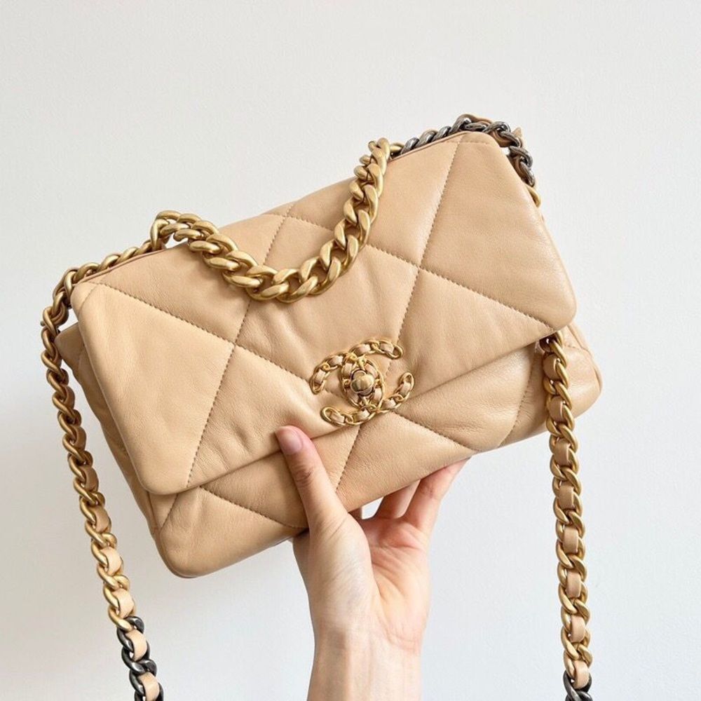 100% authentic CHANEL 19 small dark beige tan